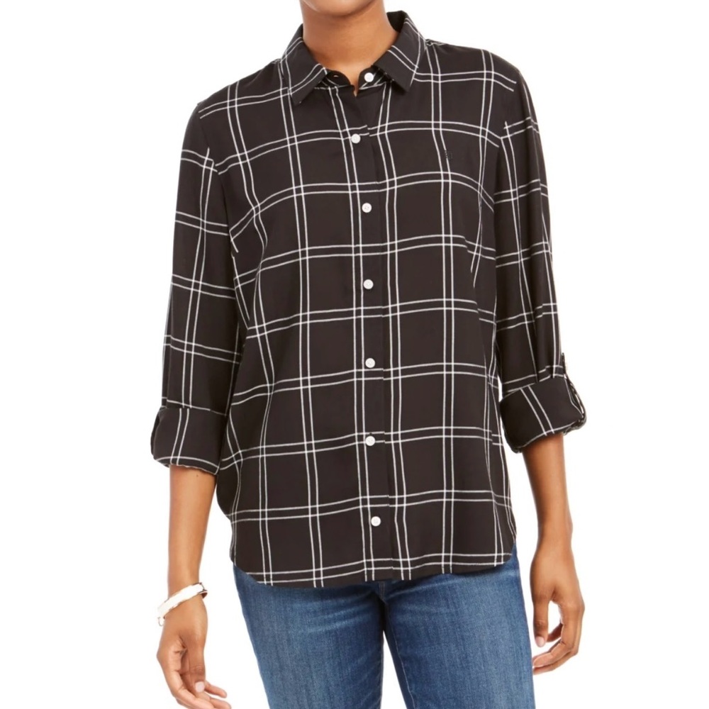 Tommy Hilfiger Plaid Roll-Up Long Sleeve Top